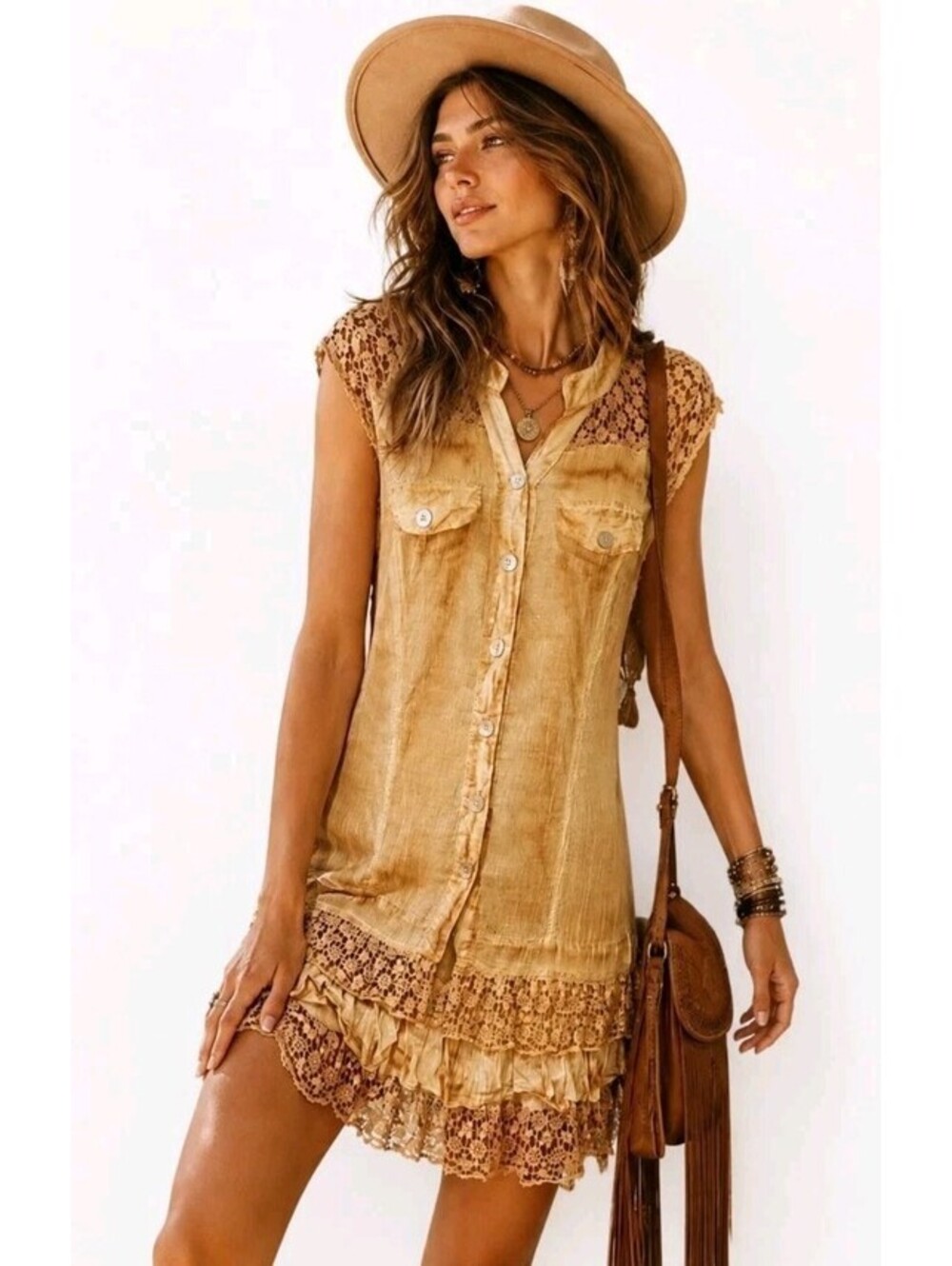 Shana K bohemian artistic Size L Dress Gold Tie Dye Ruffles Crochet Trim #C